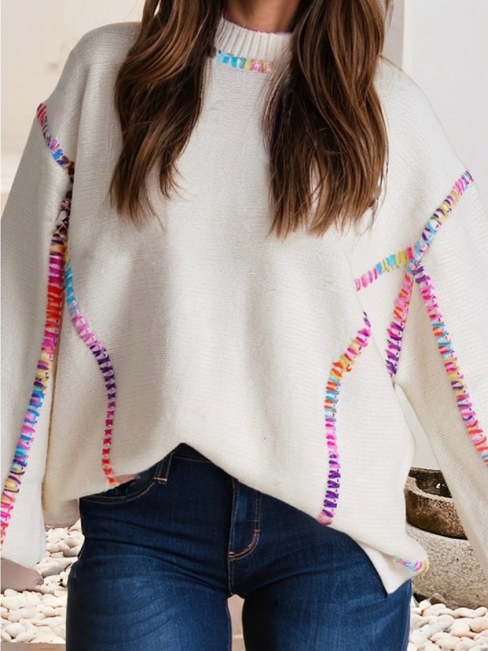 White Oversized Sweater with Multicolor Stitch Detail - Women